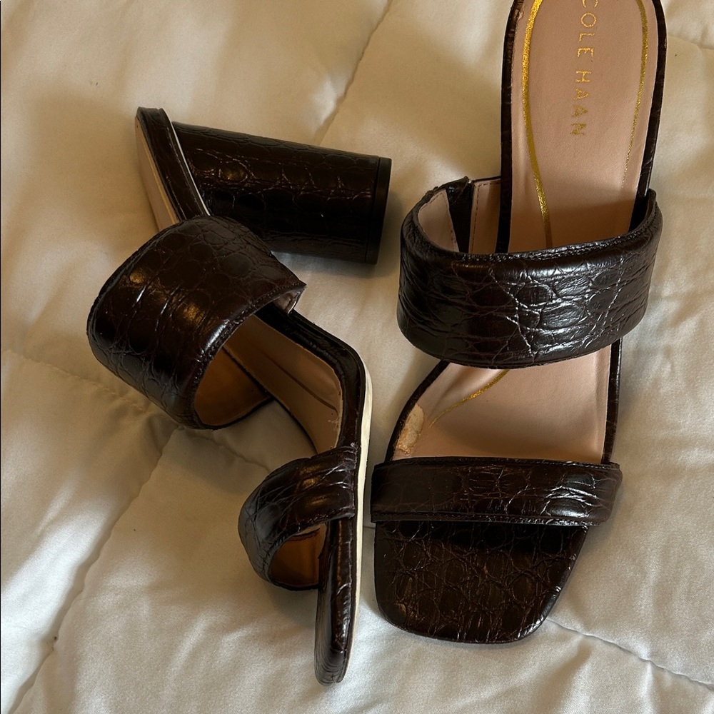 Cole Haan Dark Brown Croc-Embossed Block Heel Mules